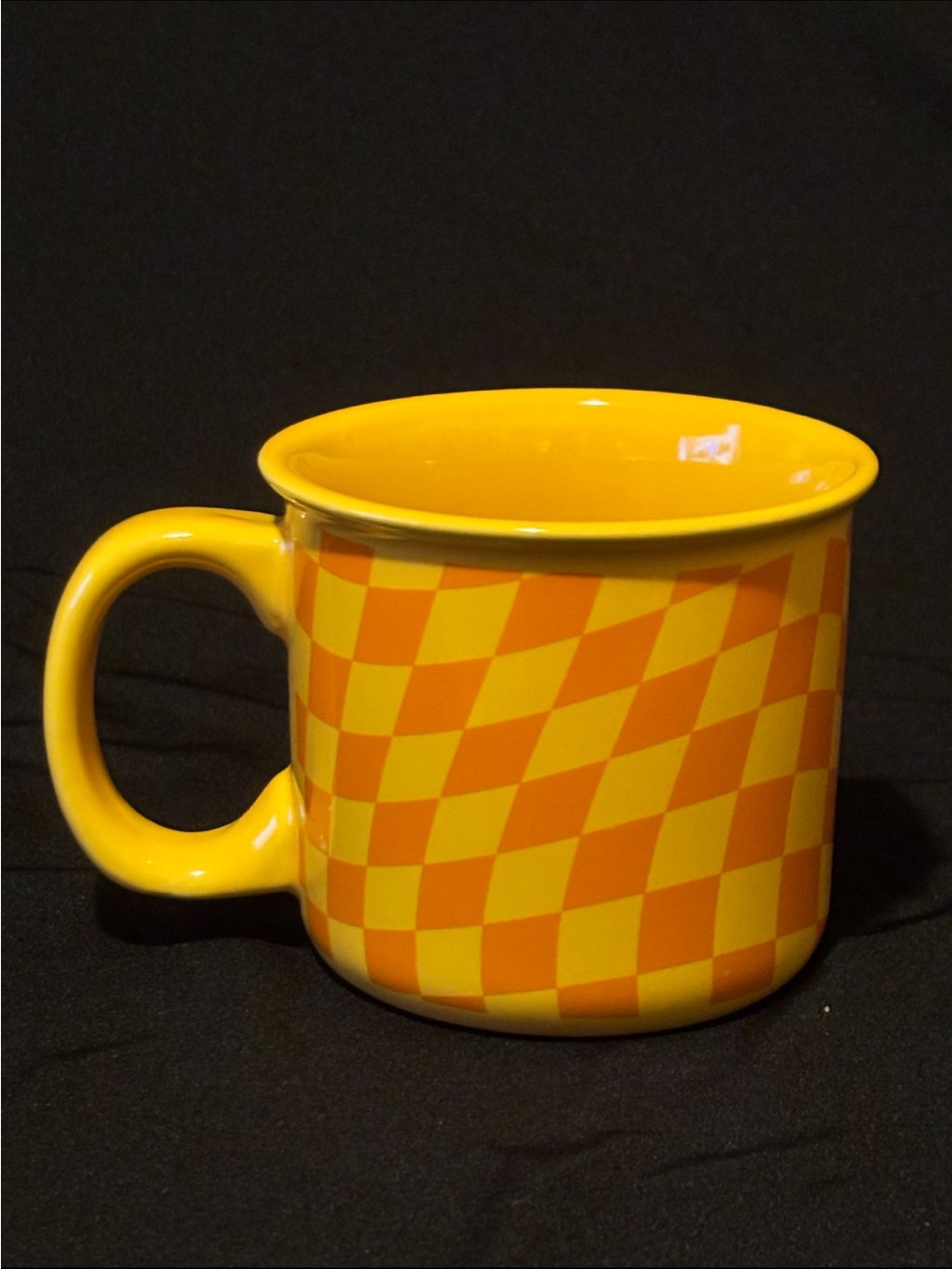Clay Art Yellow and Orange Checker Mug. 300 mils, 3.25”x3.75”.